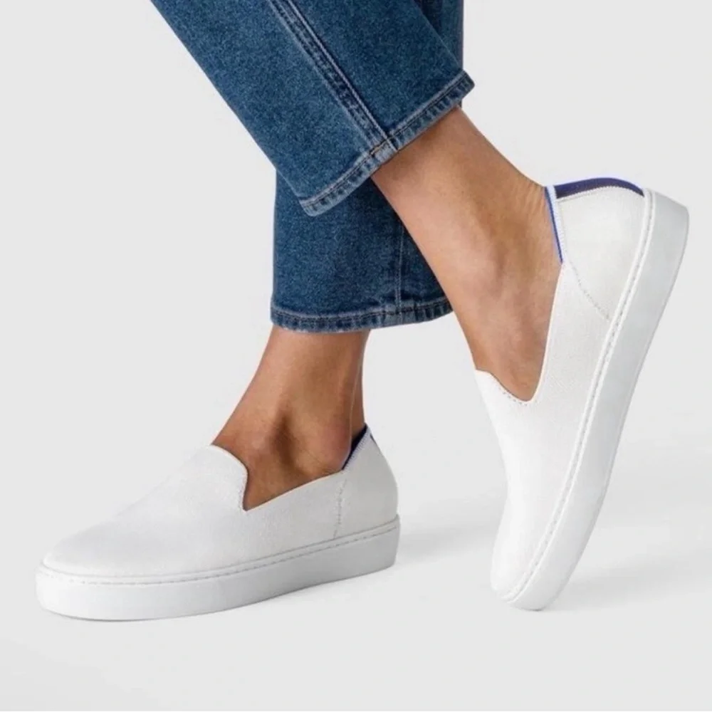 Rothy’s The Original Slip On Sneaker W8 Bright White Blue Stripe Comfort Shoes